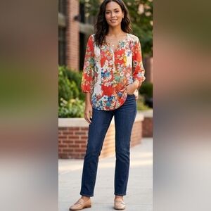 Orange Floral Blouse 3/4 Sleeves Sz M EUC Fig and Flower Brand